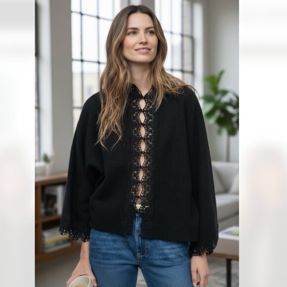 NWT Zara Black Lace-Detail Knit Cardigan - Oversized Open Front Sweater S-M Wool - Picture 3 of 14